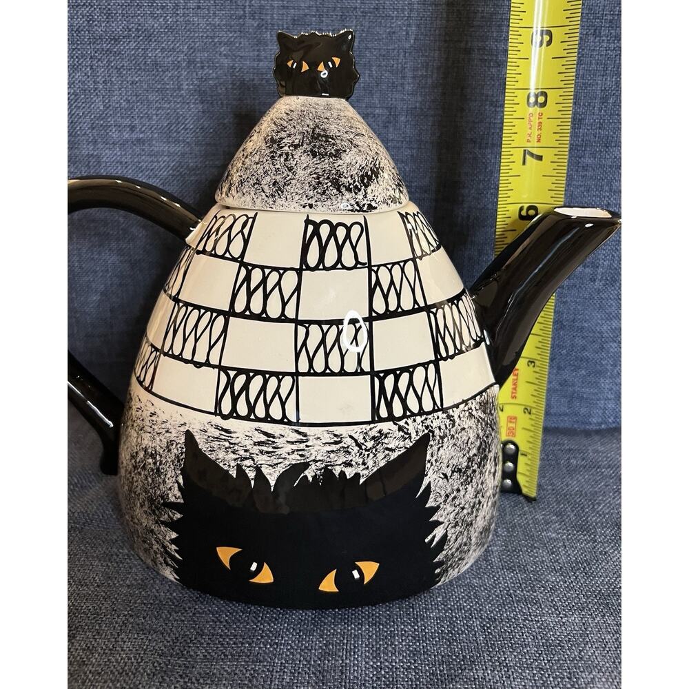 Cats by Nina Lyman black cat coffee teapot 9 in Amber eyes B&W‎ design Complete - Picture 11 of 16